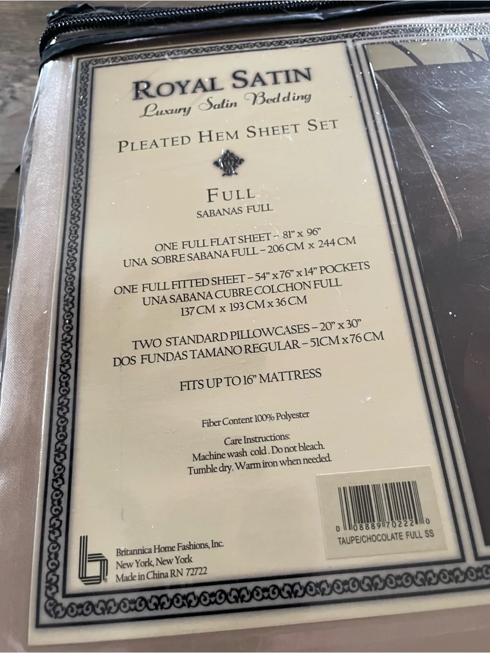 Vintage Royal Satin pleated hem Full Size Sheet set luxury satin chocolate taupe